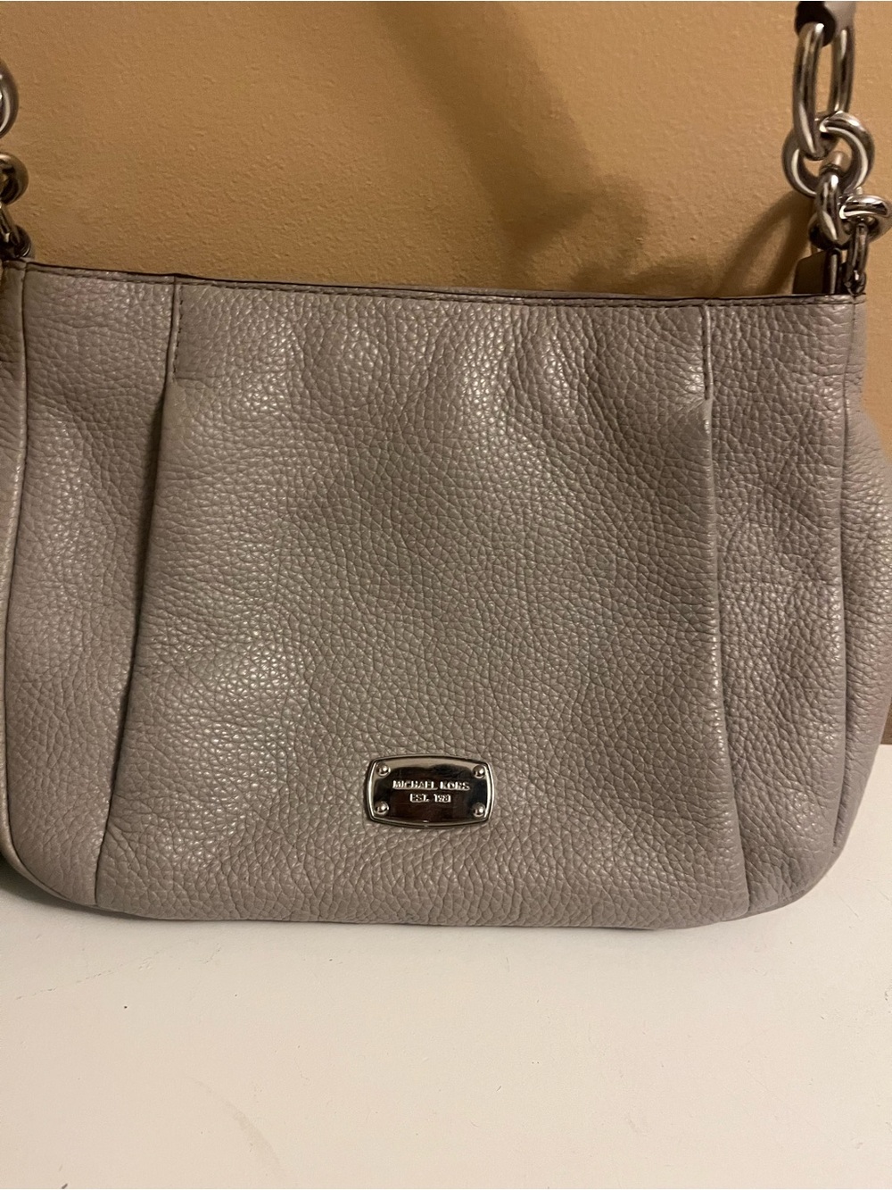 Michael Kors Light Gray Pebbled Leather Shoulder Bag with Chain Strap